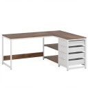 L formet skrivebord med 4 skuffer og 2 hyller   Hvit/Walnut / Hjørneskrivebord med oppbevaring og skuffer