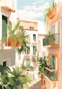 Sunlit Balconies Mediterranean Courtyard Plakat Plakat / 100x150cm