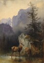 Hirsch Und Tier An Der Tränke By Friedrich Gauermann Plakat Plakat / 50x70cm