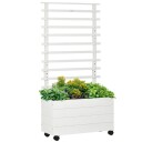 Plantekasse med espalier, blomsterkasse med hjul, høybed for klatreplanter, naturlig tre, hvit, 76 x 30 x 155 cm for hage