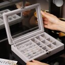 Herzberg HG 05361: Fløyelsmykkebeholder med glasslokk 9 rutenett + 7 ringspor