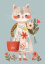 Cat in Floral Dress Holding Flowers Plakat Plakat / 21x30cm