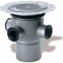 ACO 110 mm dreneringspanne for vinyl, med kran, vertikal silver Top: 150x150 mm; Grate: Ø160 mm; Outlet: Ø110 mm vertical; Height adjustable 219-249 mm