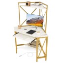 Skrivebord med ladestasjon hjørne databord med tastaturhylle og 2 hyller 113 x 75 x 145 cm hvit + gull