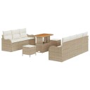  10-delt hagesofa-sett med puter i beige laget av poly-rotting og akacia.