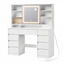 Sminkebord med LED speil 40 x 110 cm / toalettbord med stikkontakt / hvitt makeupbord med 9 skuffer