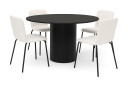 Bark Kopparbo Rundt Spisebord 130 cm med 4 Katy Spisestoler   Svart tre / Hvit Bouclé / Metallben Svart